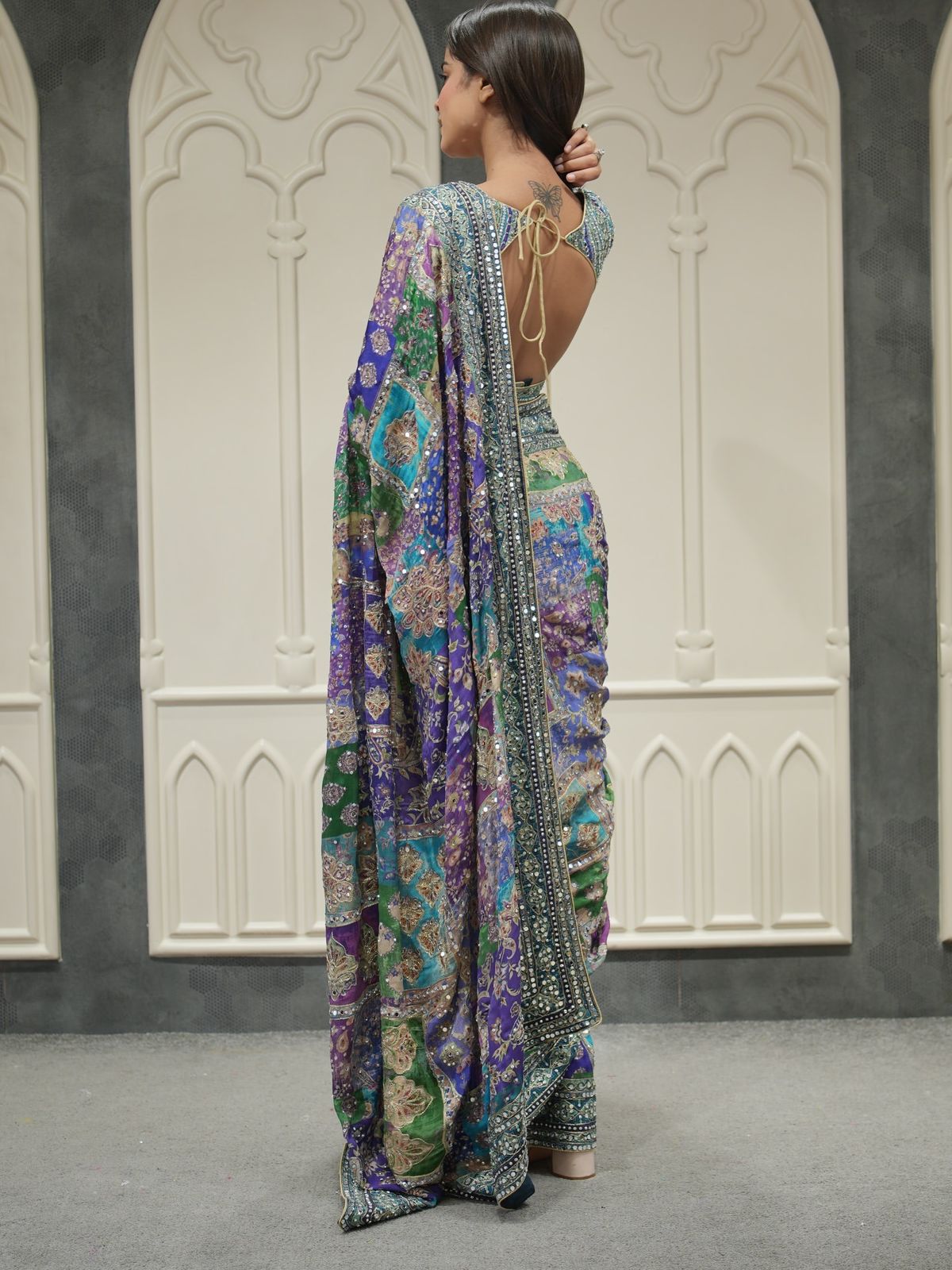 Blue Soft Chinnon Saree With Gold Zari & Mirror Work