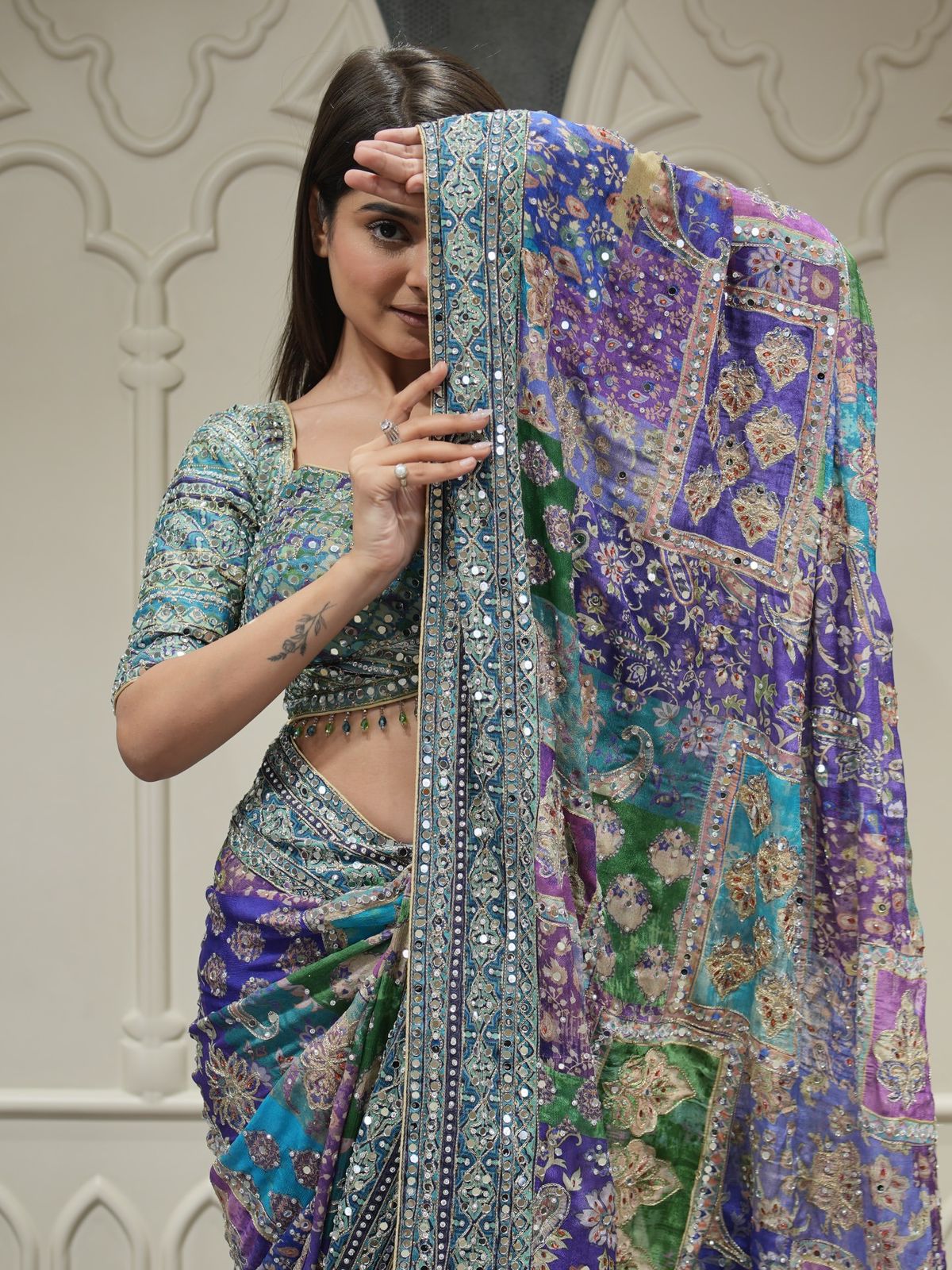 Blue Soft Chinnon Saree With Gold Zari & Mirror Work