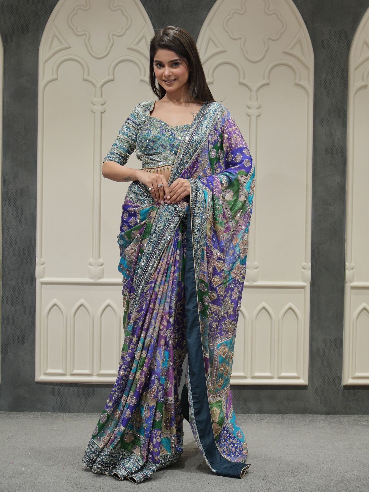 Blue Soft Chinnon Saree With Gold Zari & Mirror Work