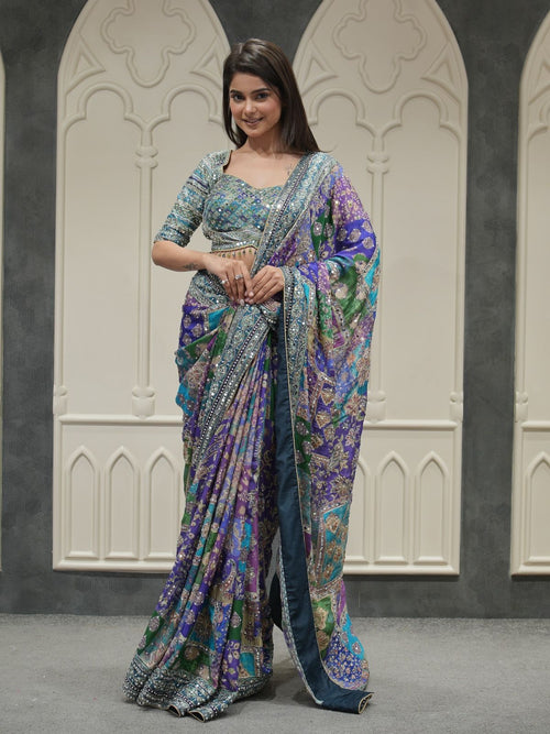 Blue Soft Chinnon Saree With Gold Zari & Mirror Work