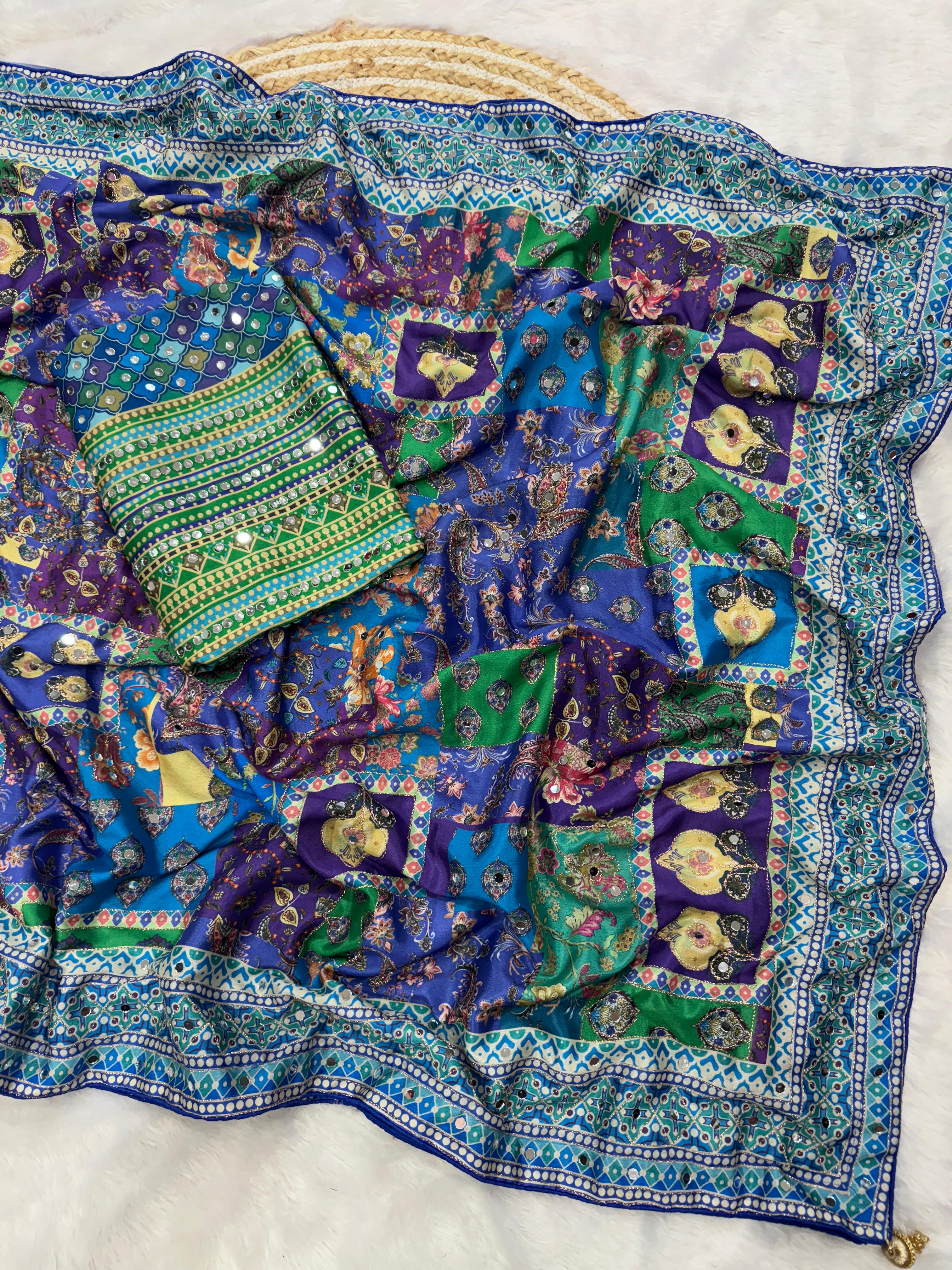 Blue Soft Chinnon Saree With Gold Zari & Mirror Work