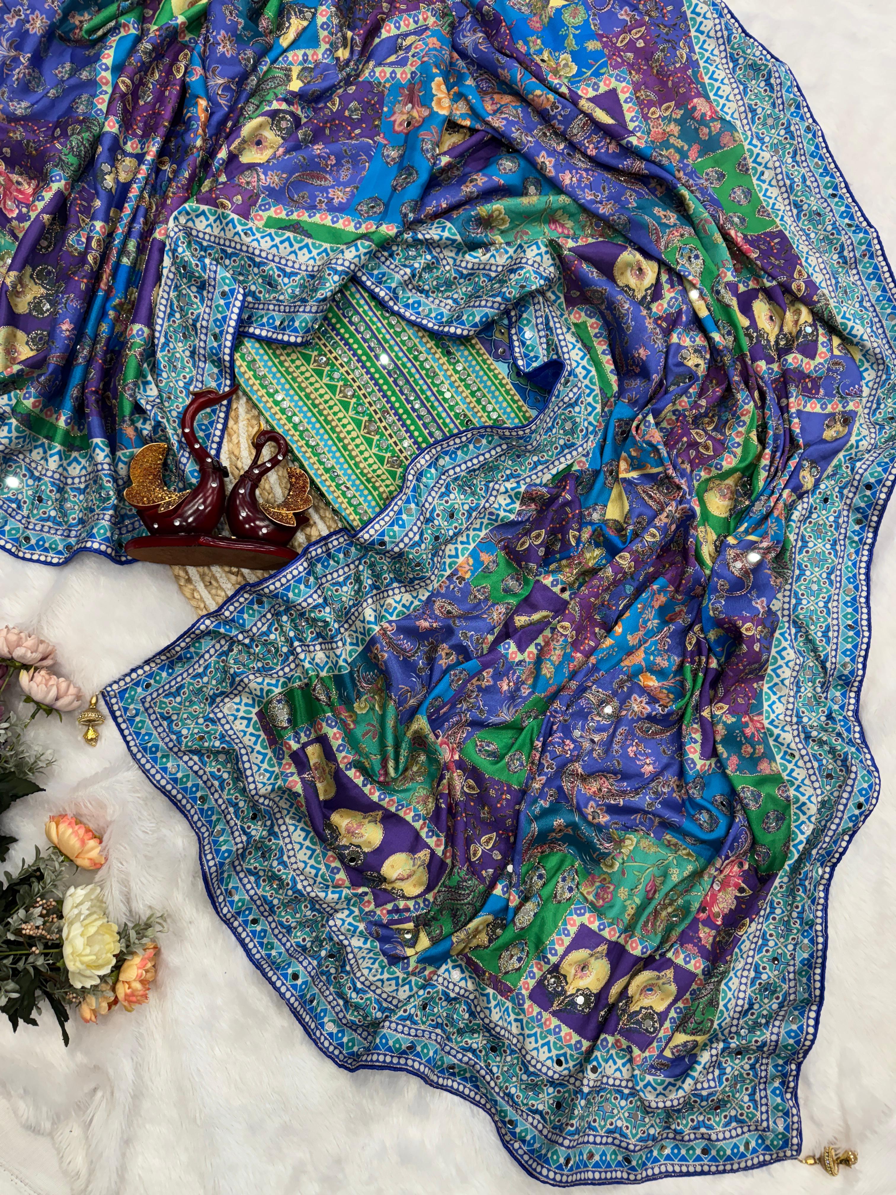 Blue Soft Chinnon Saree With Gold Zari & Mirror Work