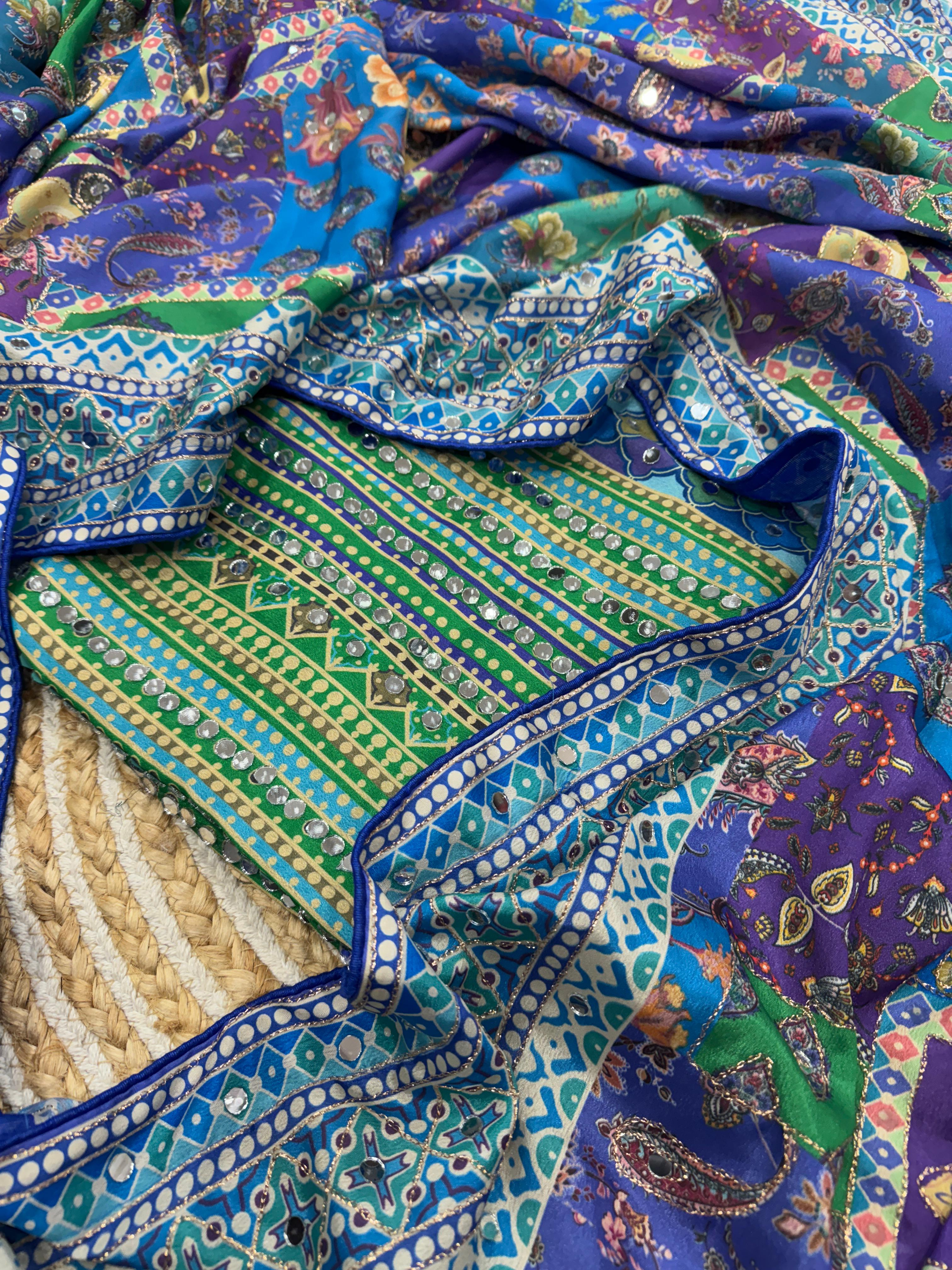Blue Soft Chinnon Saree With Gold Zari & Mirror Work