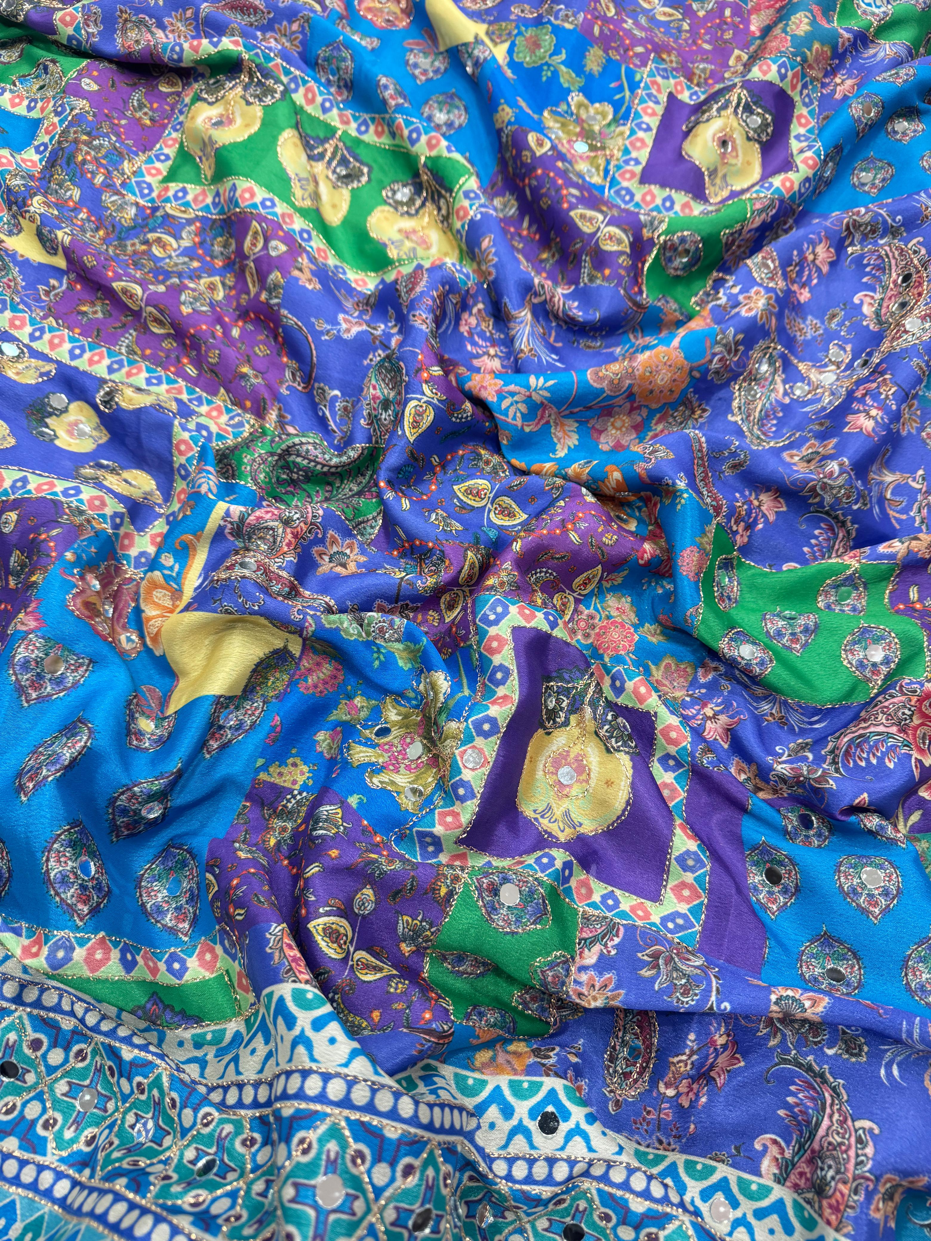 Blue Soft Chinnon Saree With Gold Zari & Mirror Work