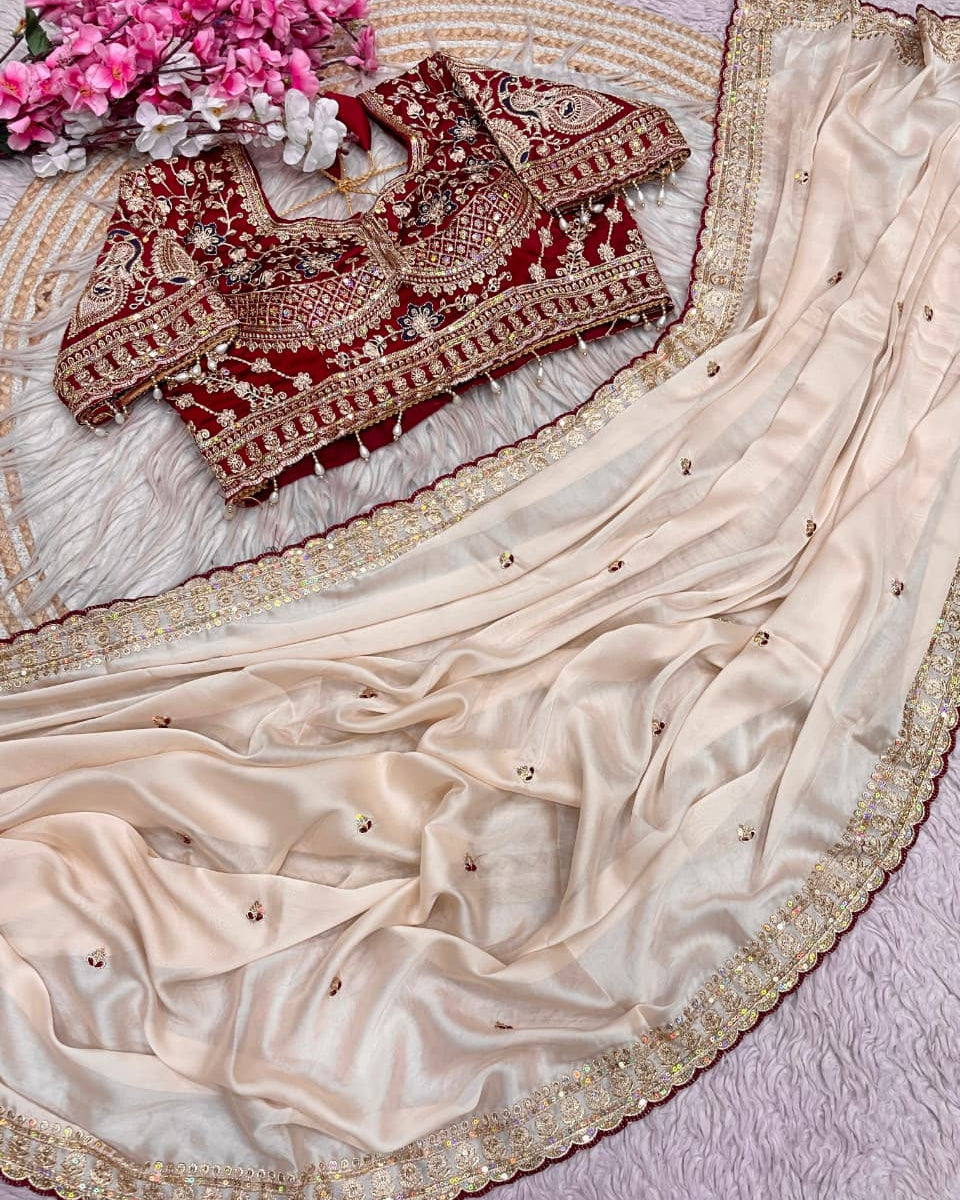 Ivory White Designer Saree with Maroon Embroidered Blouse