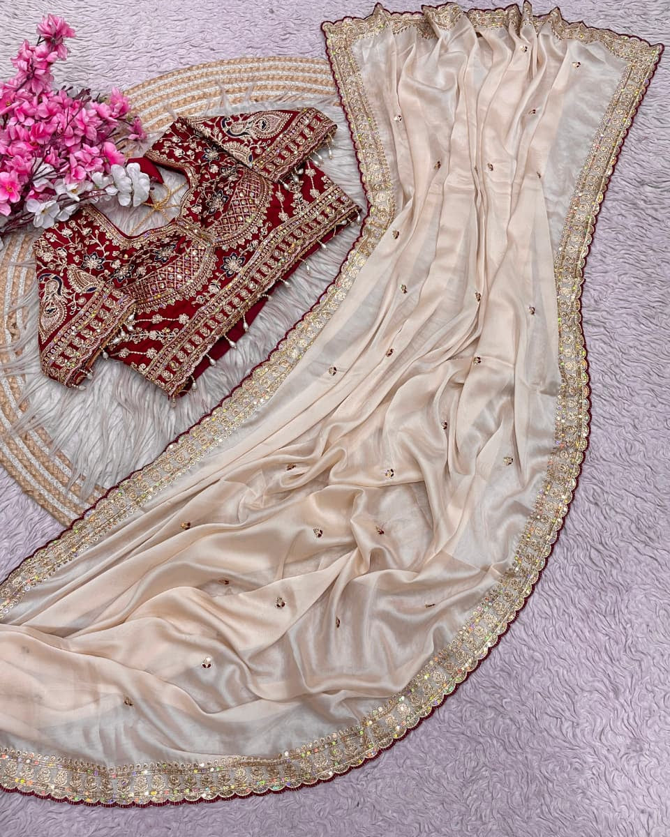 Ivory White Designer Saree with Maroon Embroidered Blouse