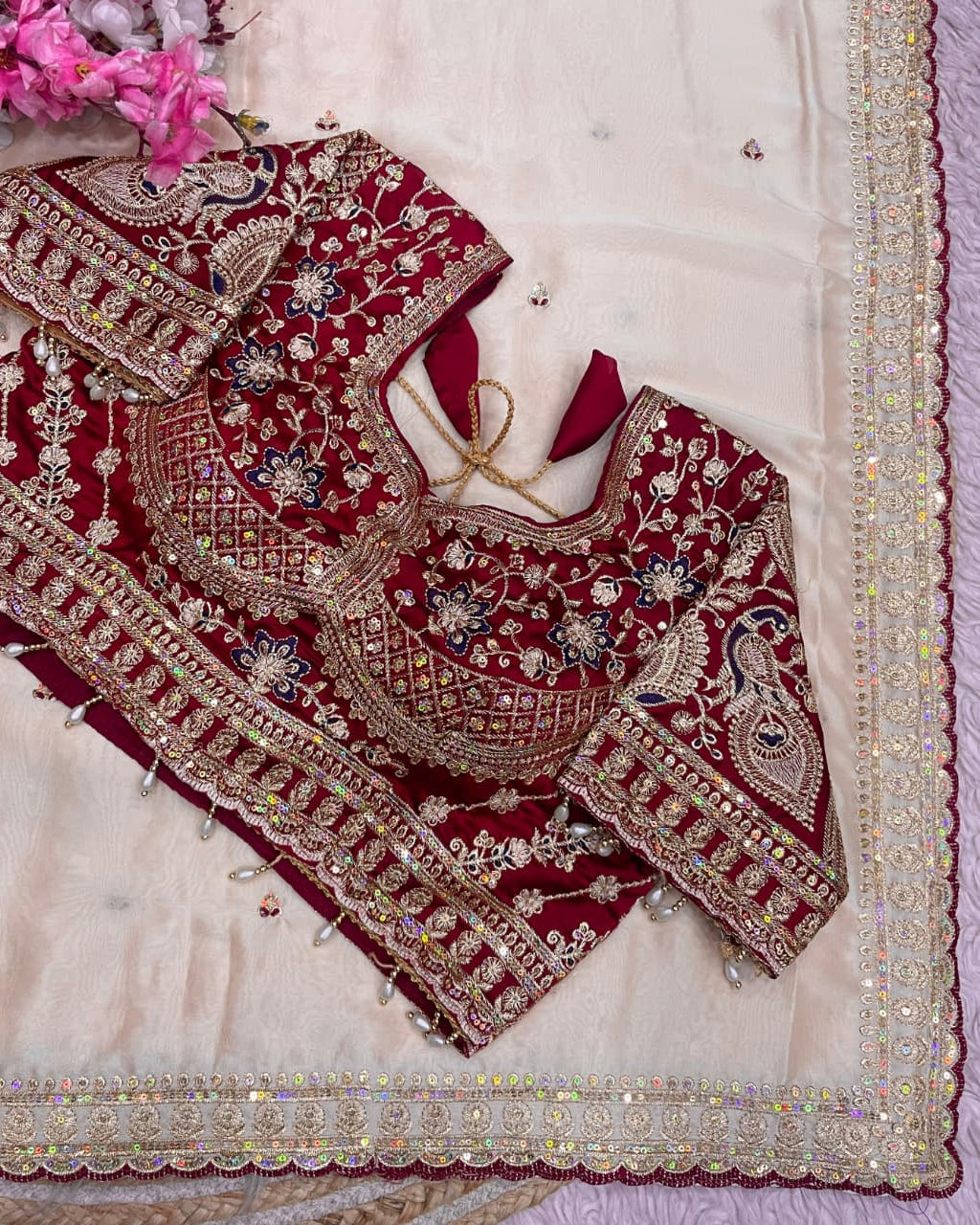 Ivory White Designer Saree with Maroon Embroidered Blouse