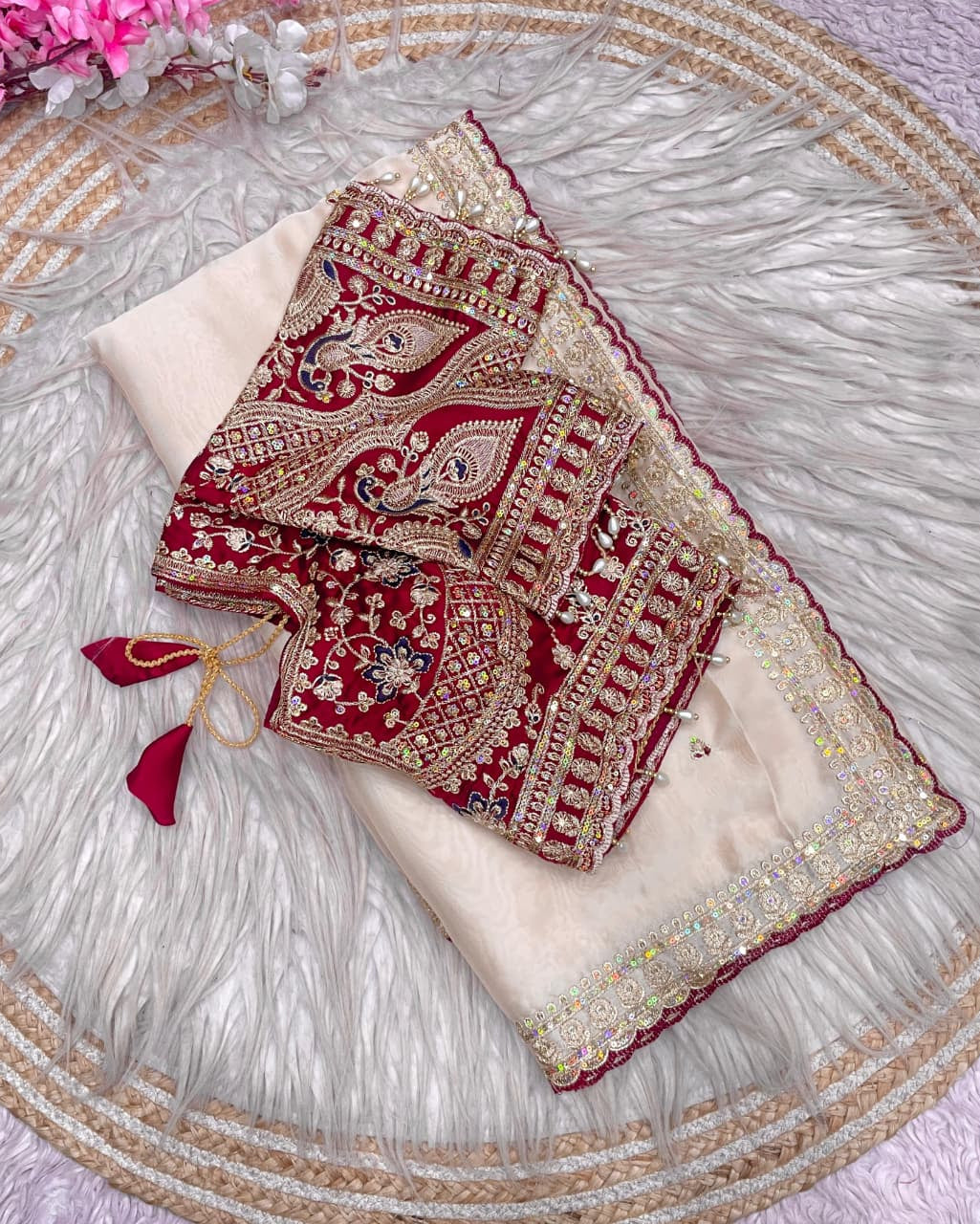 Ivory White Designer Saree with Maroon Embroidered Blouse