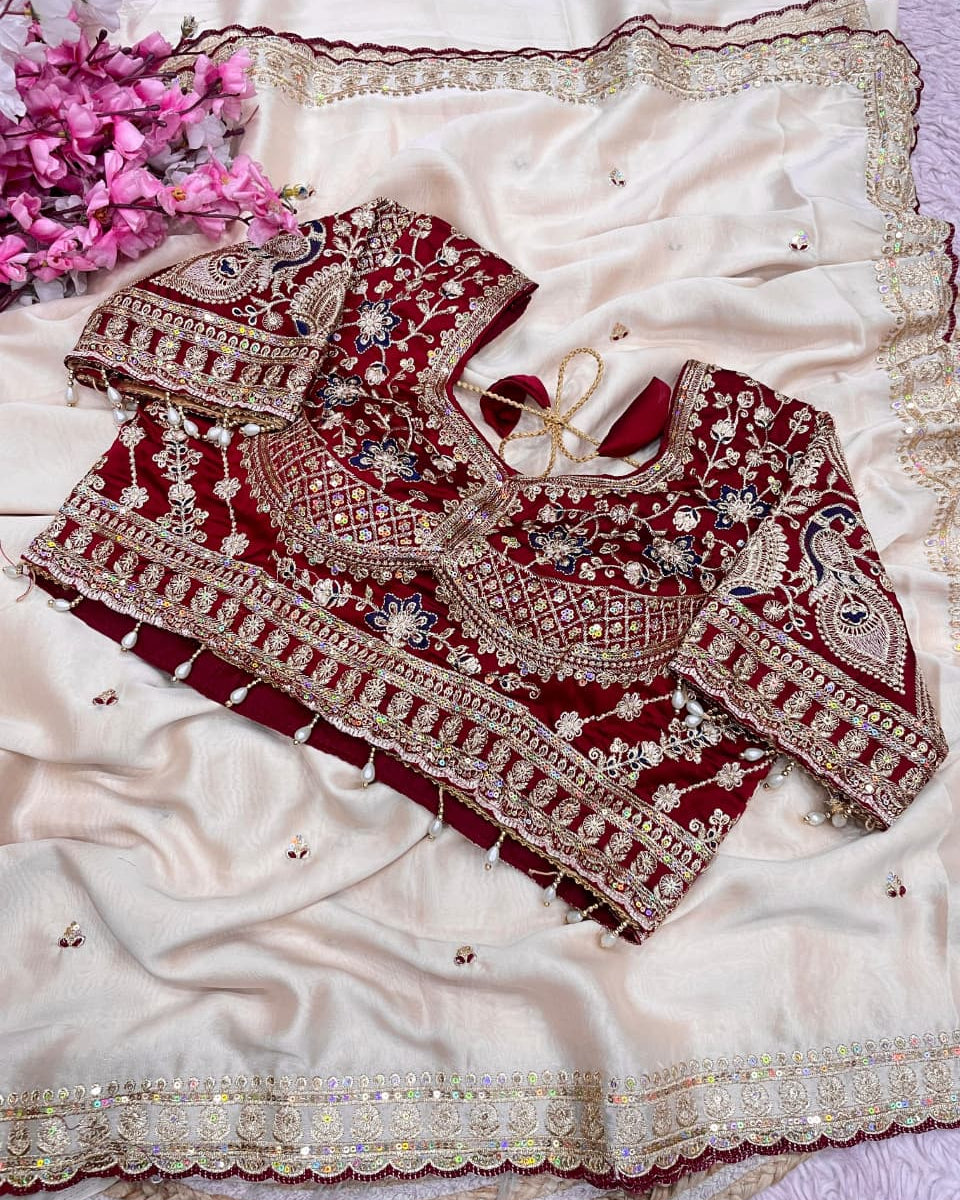 Ivory White Designer Saree with Maroon Embroidered Blouse