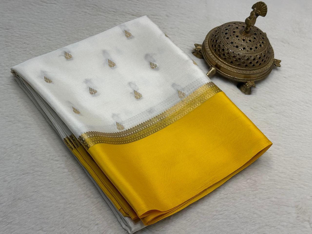 Ivory White & Mustard Yellow Mysore silk sarees  with Gold Zari Butti Work