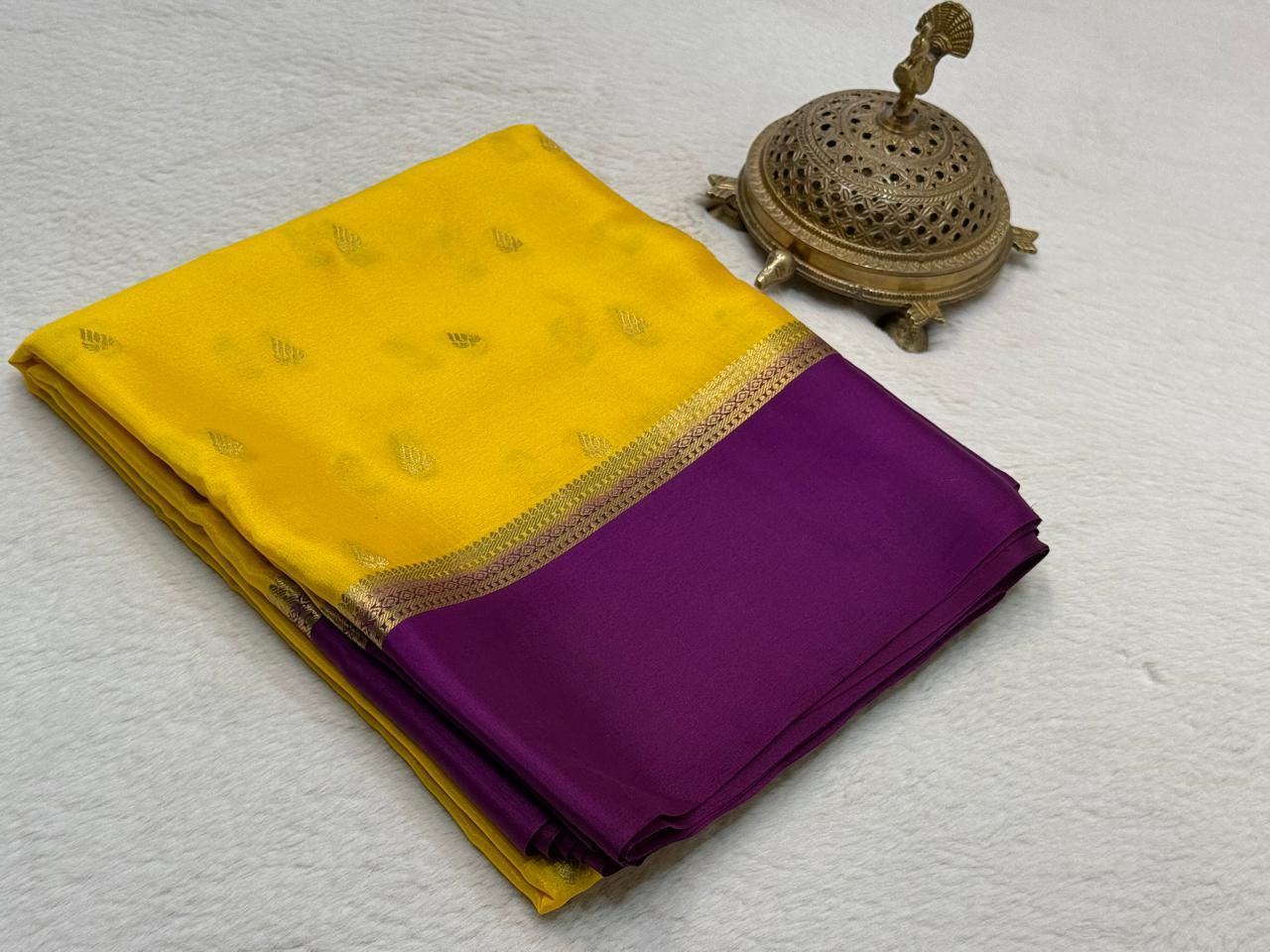 Yellow & Purple Mysore silk sarees maroon with Gold Zari Butti Work