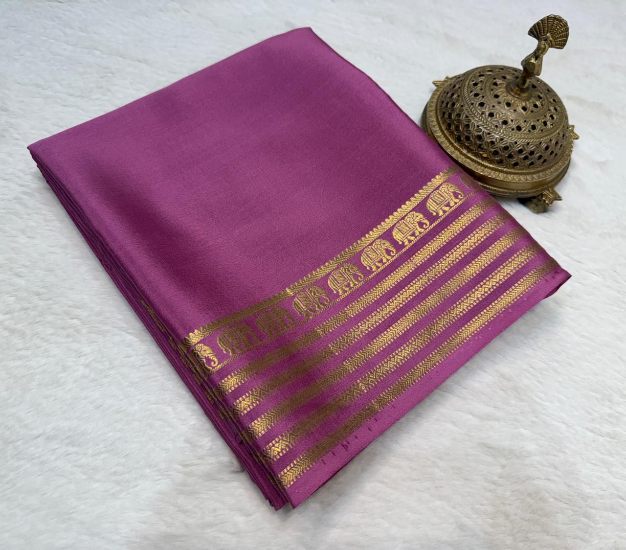Rose Pink semi Mysore silk sarees with Gold Zari Elephant Border