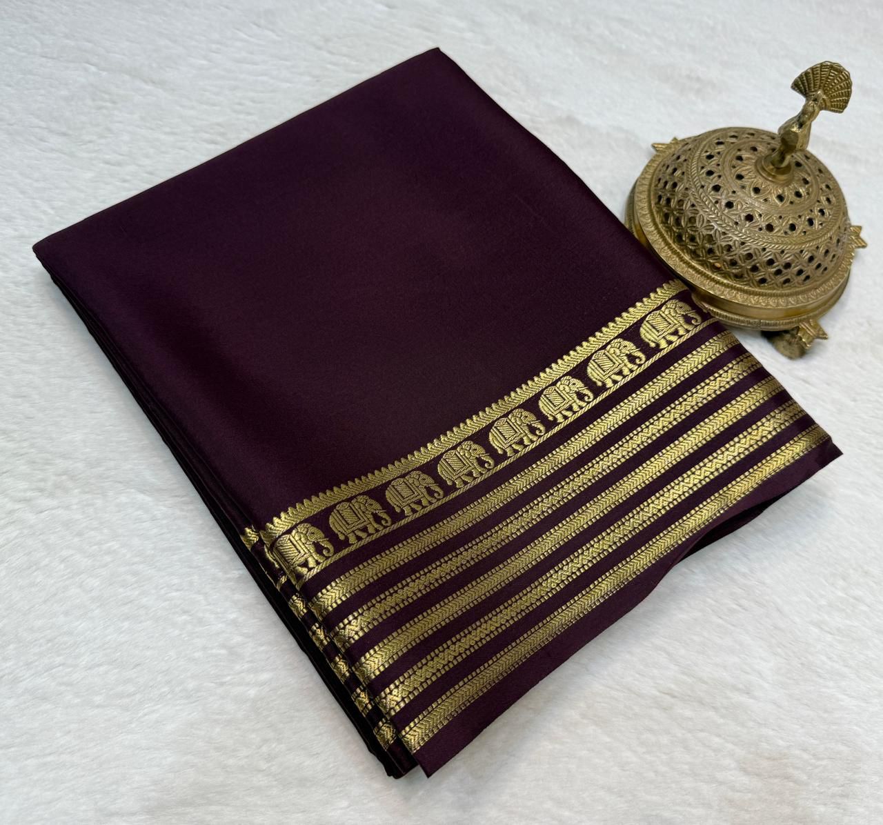 Deep Wine Mysore silk sarees with Gold Zari Elephant Border