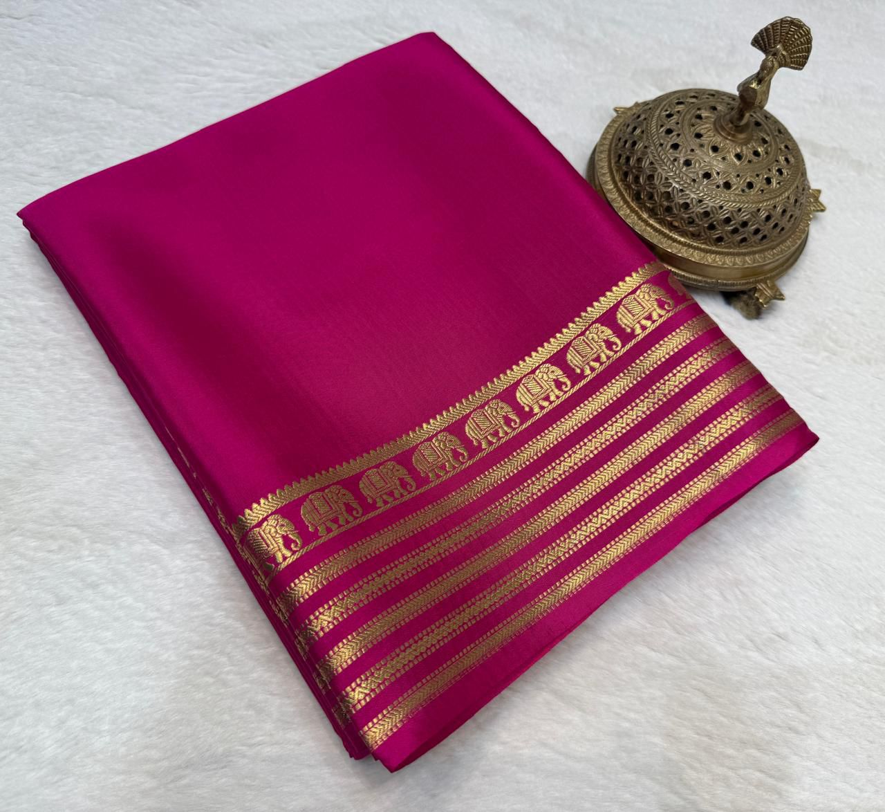 Royal Rani Pink Mysore Silk Saree with Gold Zari Elephant Border