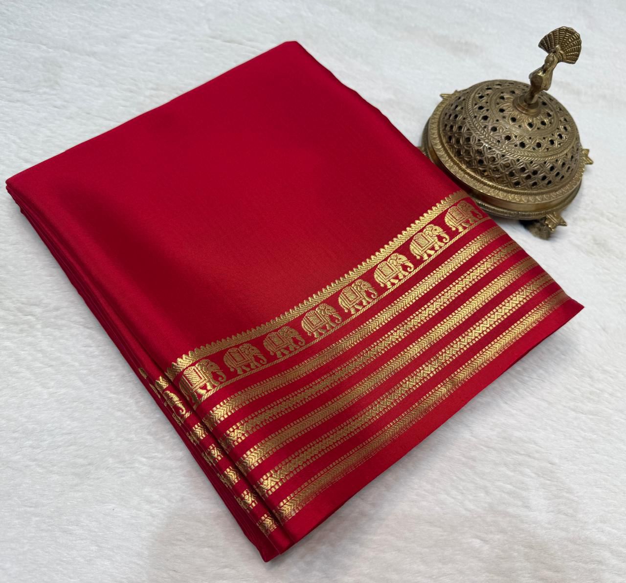 Red  Mysore silk sarees with Gold Zari Elephant Border