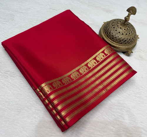Red  Mysore silk sarees with Gold Zari Elephant Border