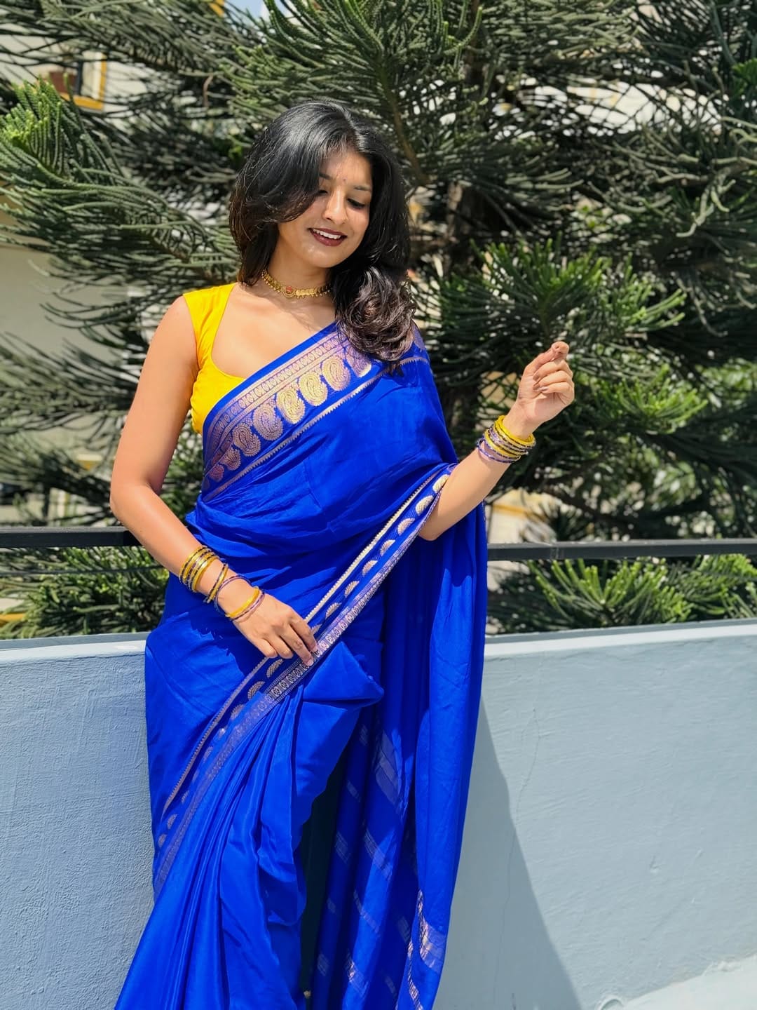 Royal Blue Mysore Silk saree with Gold Zari Border & Contrast Yellow Blouse Piece |Shashikala