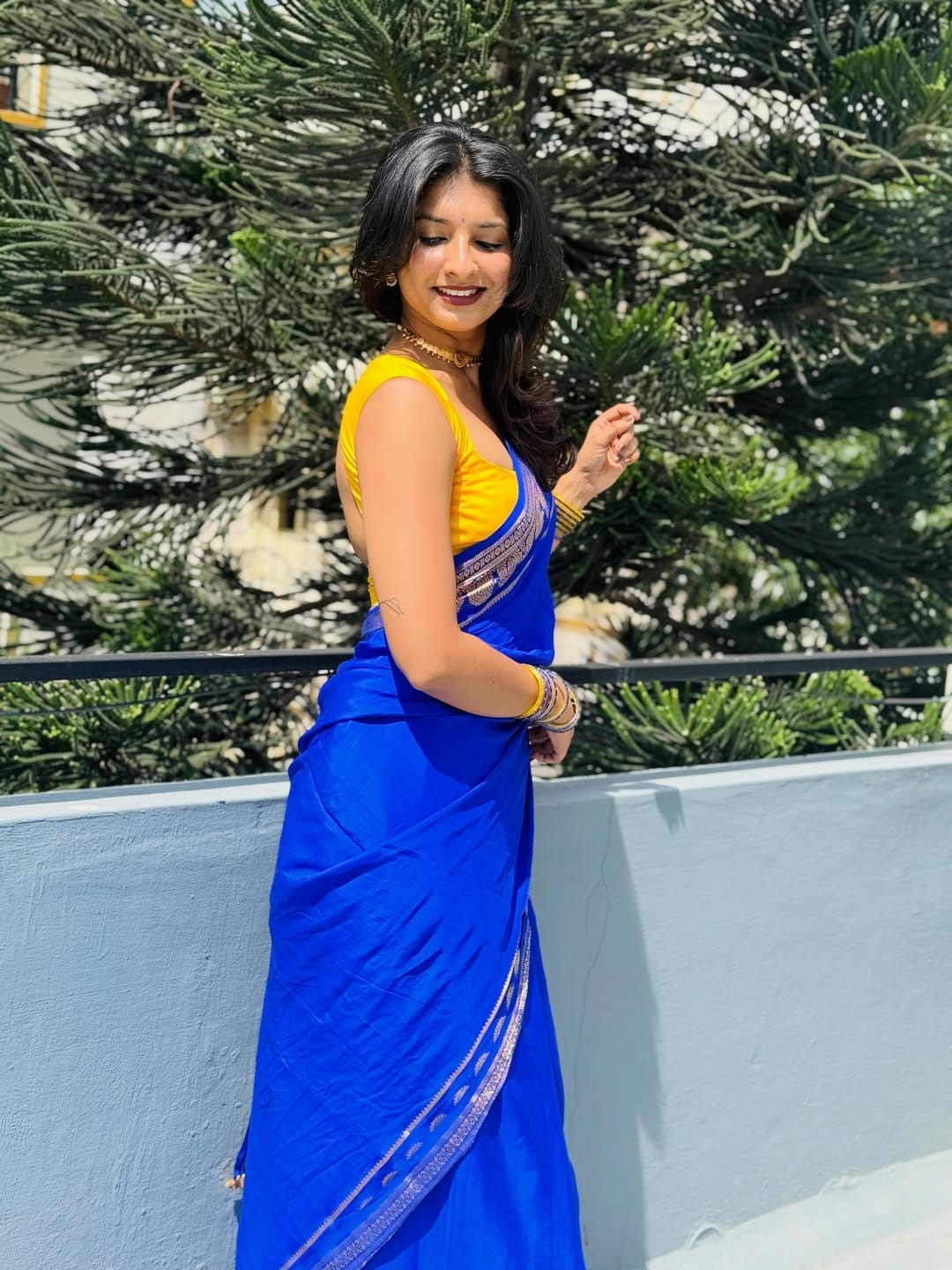 Royal Blue Mysore Silk saree with Gold Zari Border & Contrast Yellow Blouse Piece |Shashikala