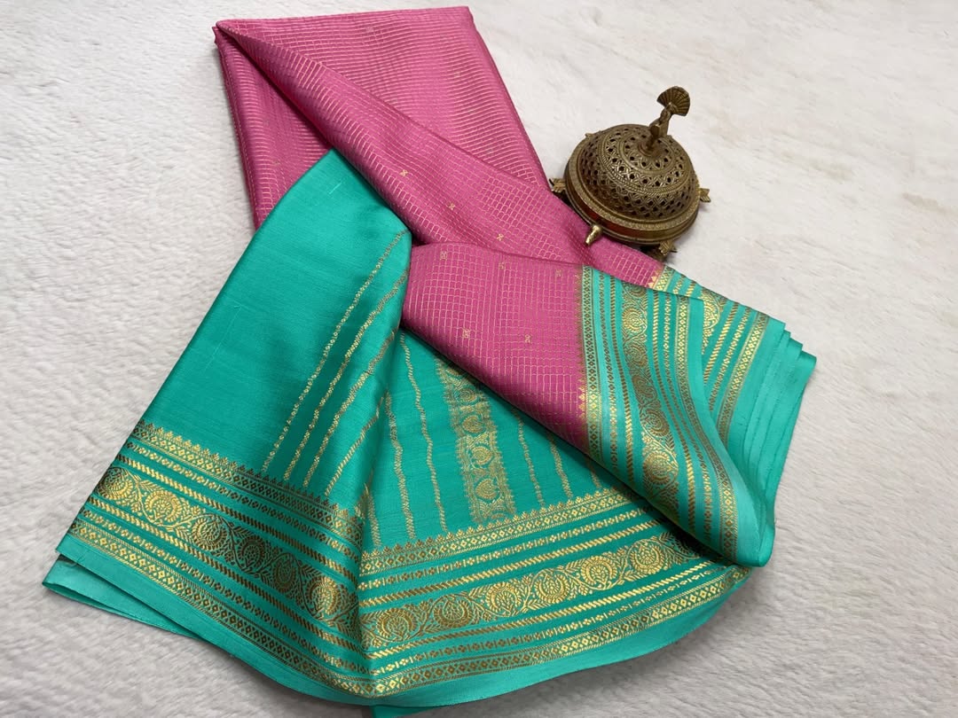 Pure Mysore Crepe Silk Saree with All-Over Checks & Rich Gold Zari Teal Border