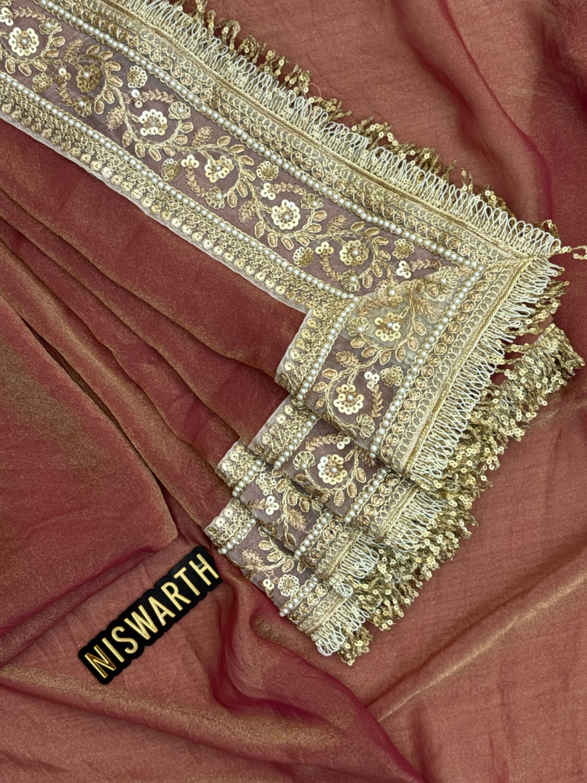 Rose Gold Designer Saree with Heavy Embroidered Border