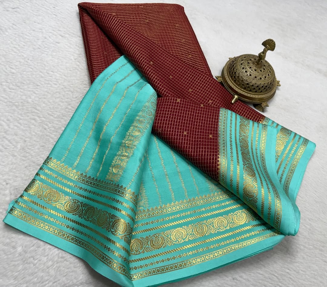Pure Wine and Sea-Blue Mysore Crepe Silk Saree