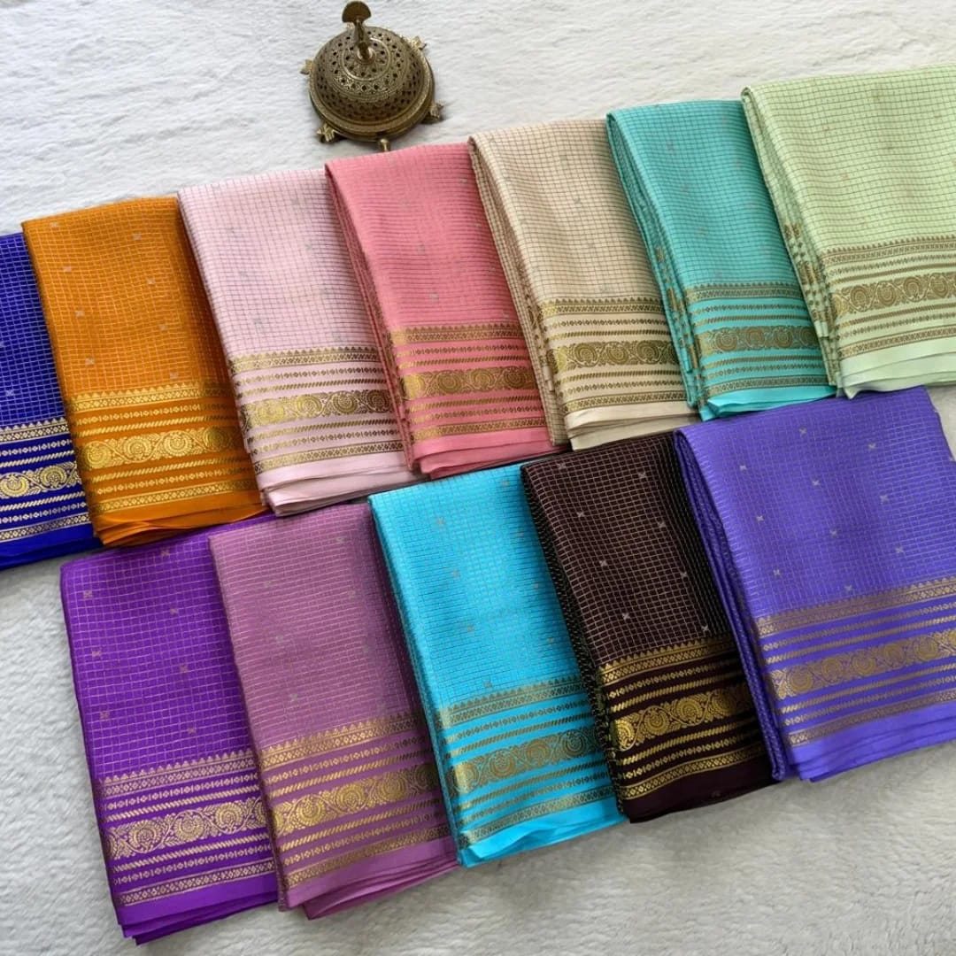 Buy Mysore Silk Saree in Royal Blue Micro Checks with Gold Zari Border and Star Buttas