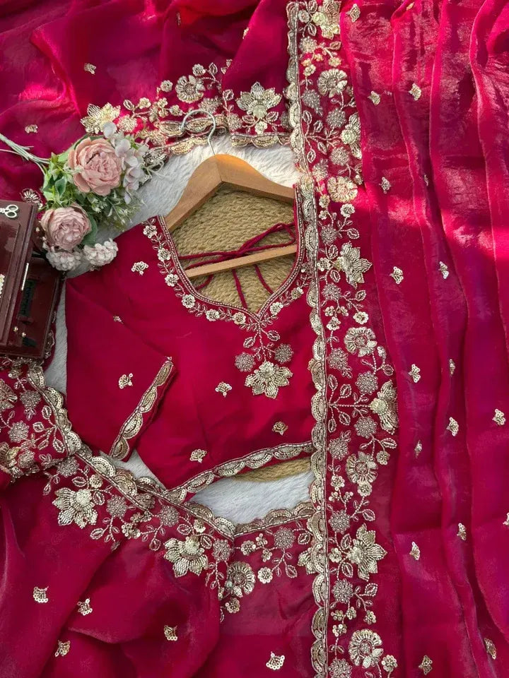 Royal Red Satin Saree with Heavy Gold Floral Embroidery