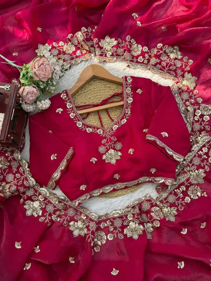 Royal Red Satin Saree with Heavy Gold Floral Embroidery