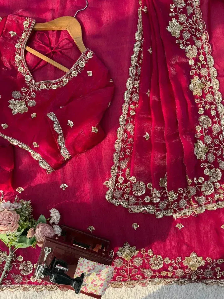 Royal Red Satin Saree with Heavy Gold Floral Embroidery
