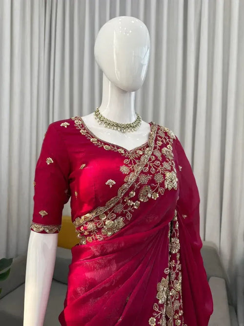 Royal Red Satin Saree with Heavy Gold Floral Embroidery