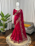 Royal Red Satin Saree with Heavy Gold Floral Embroidery