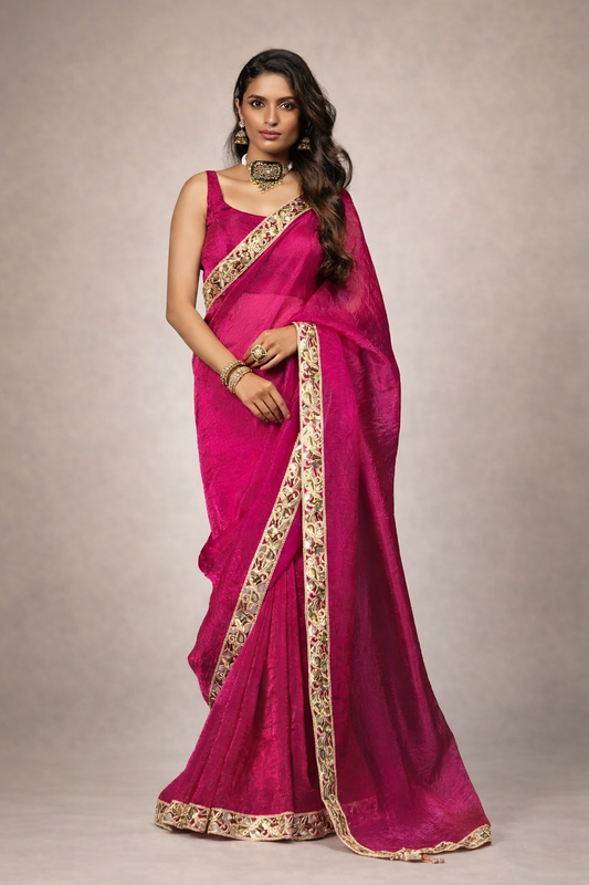 Glam Magenta Shimmery Tissue Saree with Sequin Zari Lace
