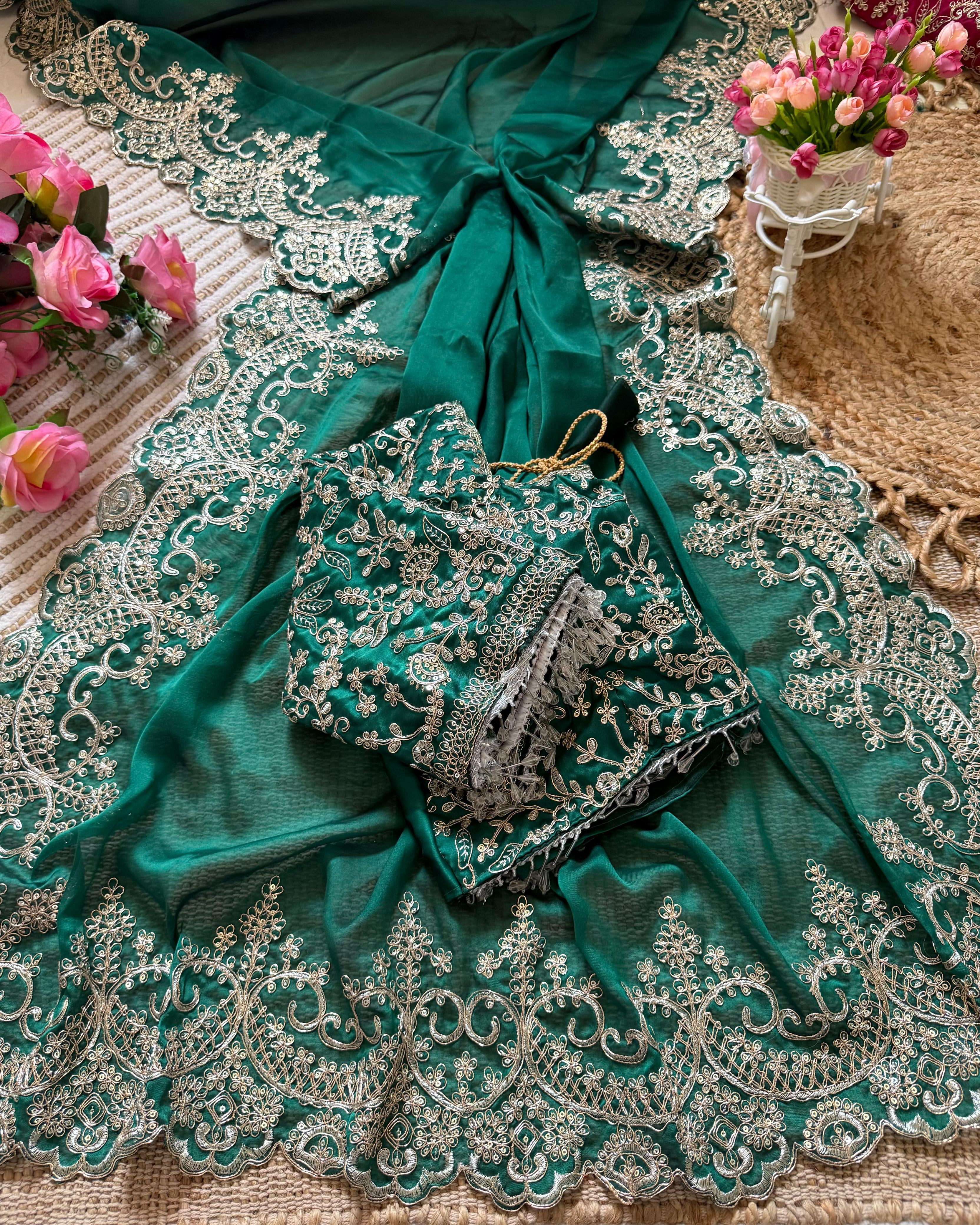 Madhuri Dixit inspired Green Satin Silk Saree with Embroidery Sequence Work