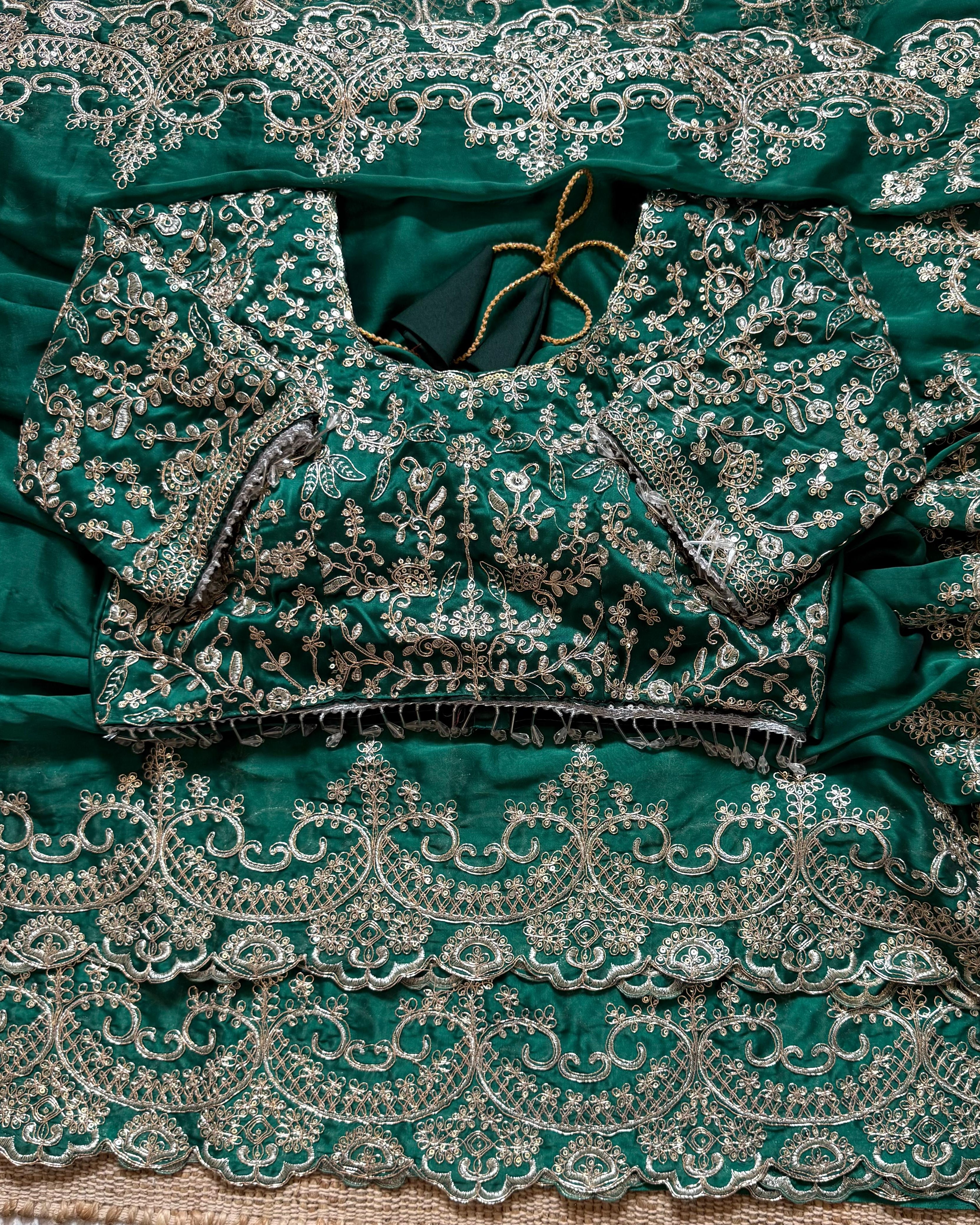 Madhuri Dixit inspired Green Satin Silk Saree with Embroidery Sequence Work