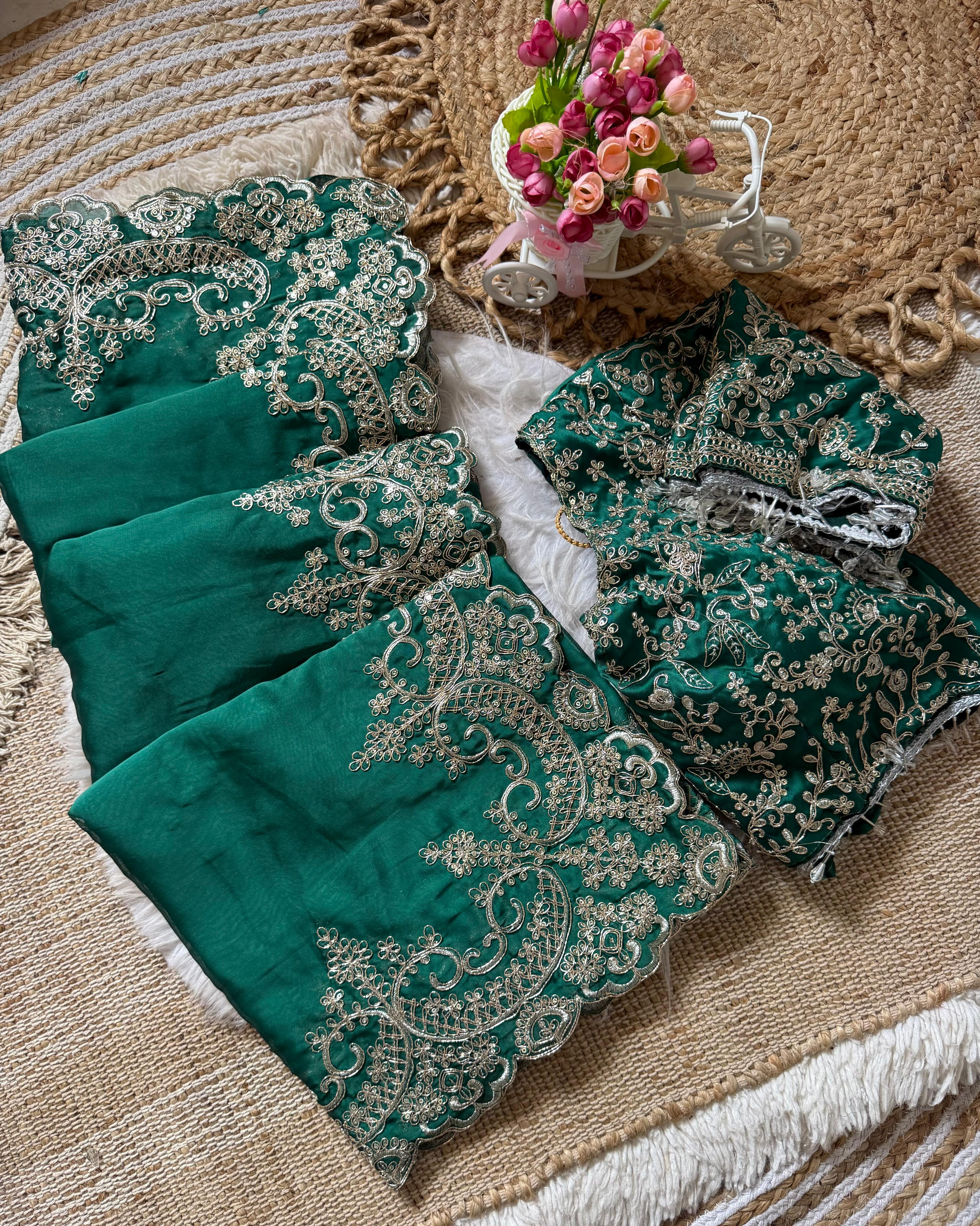 Madhuri Dixit inspired Green Satin Silk Saree with Embroidery Sequence Work