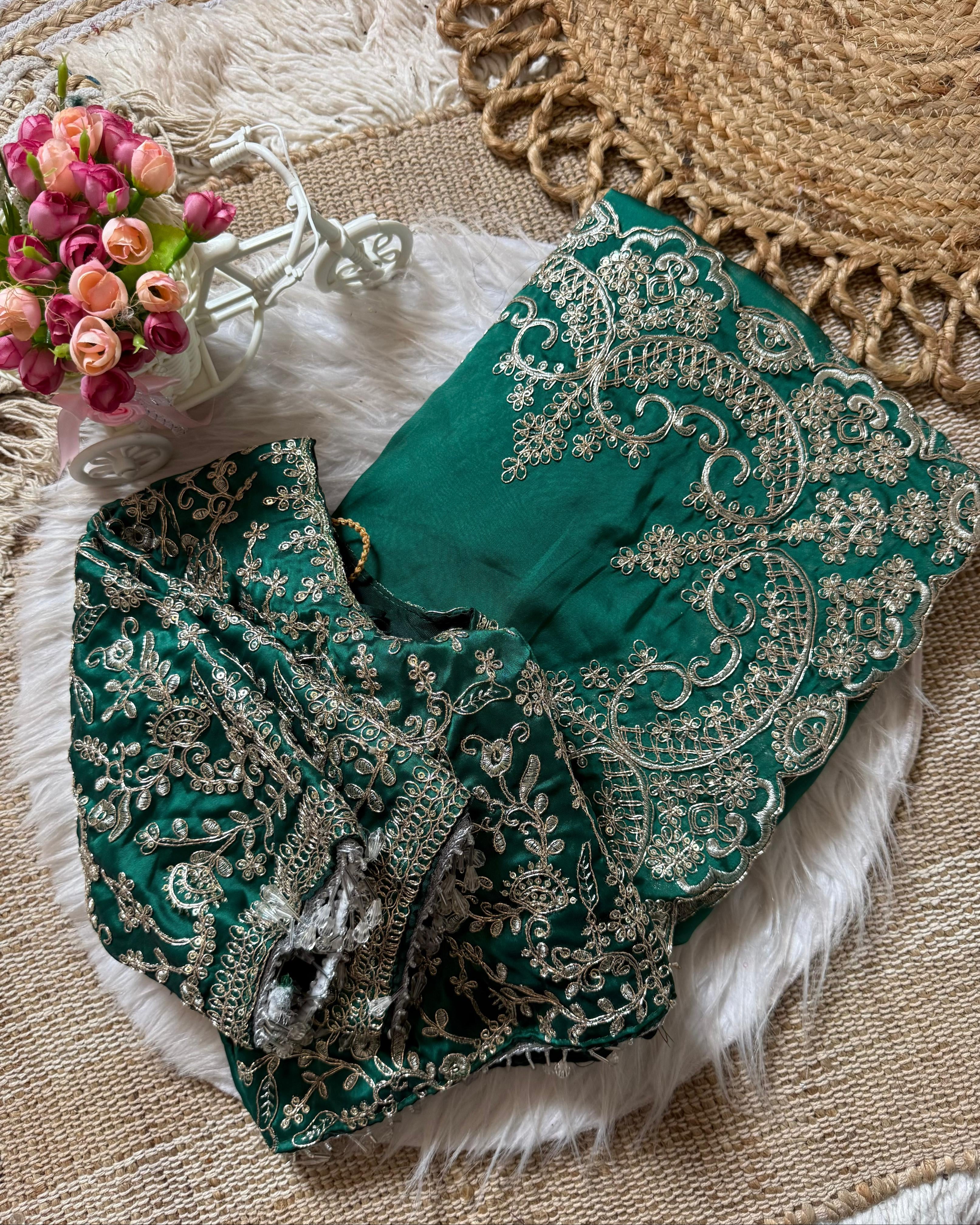 Madhuri Dixit inspired Green Satin Silk Saree with Embroidery Sequence Work